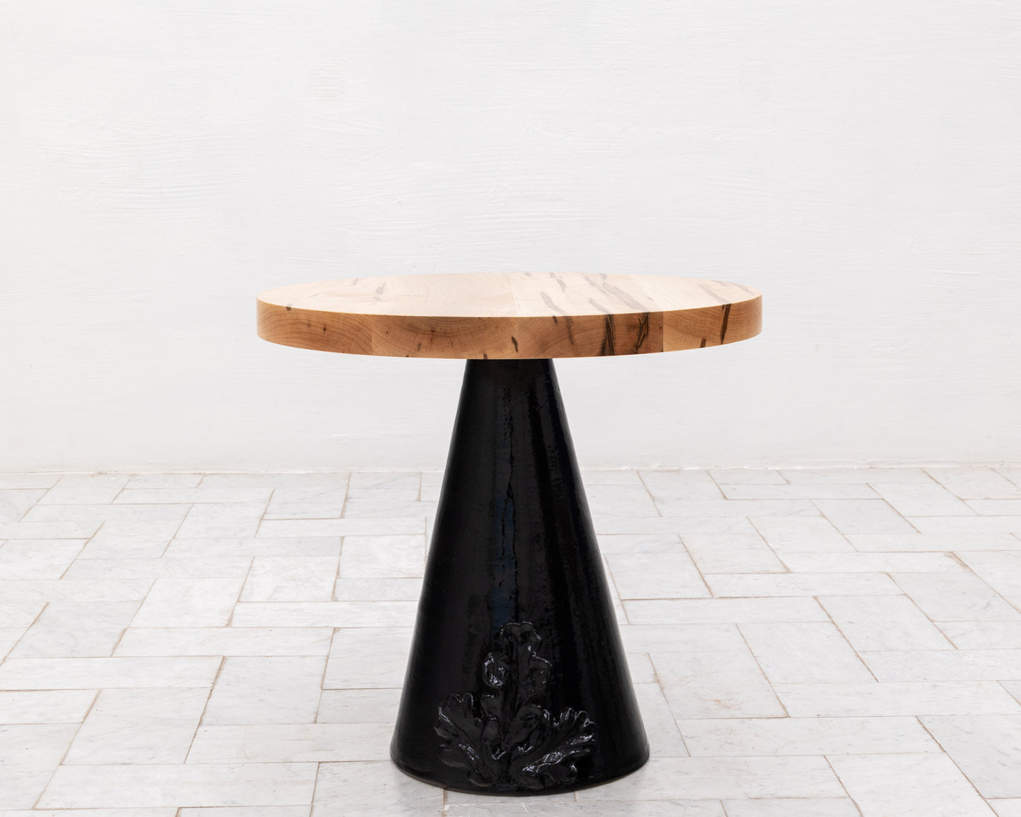 LOTCH SIDE TABLE - 23" DIAMETER NATURAL MAPLE TOP, HAND-PAINTED CERAMIC BASE