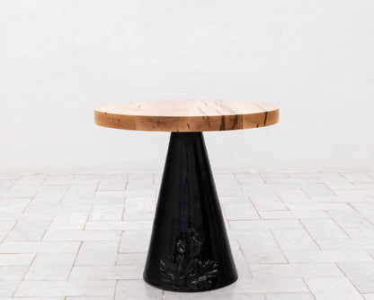 LOTCH SIDE TABLE - 23" DIAMETER NATURAL MAPLE TOP, HAND-PAINTED CERAMIC BASE