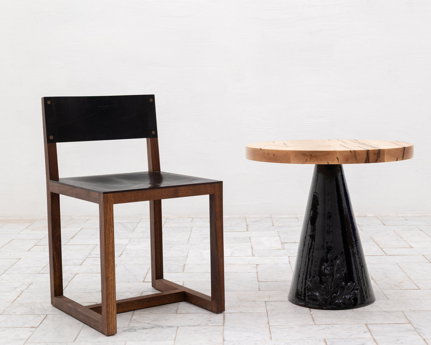 LOTCH SIDE TABLE - 23" DIAMETER NATURAL MAPLE TOP, HAND-PAINTED CERAMIC BASE