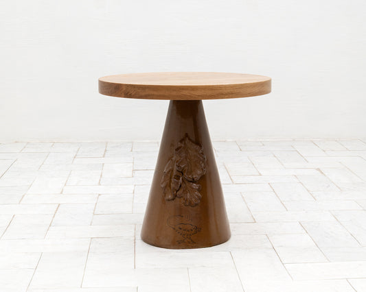 LOTCH SIDE TABLE - 23" DIAMETER NATURAL OAK TOP, HAND-PAINTED CERAMIC BASE