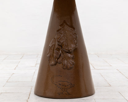 LOTCH SIDE TABLE - 23" DIAMETER NATURAL OAK TOP, HAND-PAINTED CERAMIC BASE