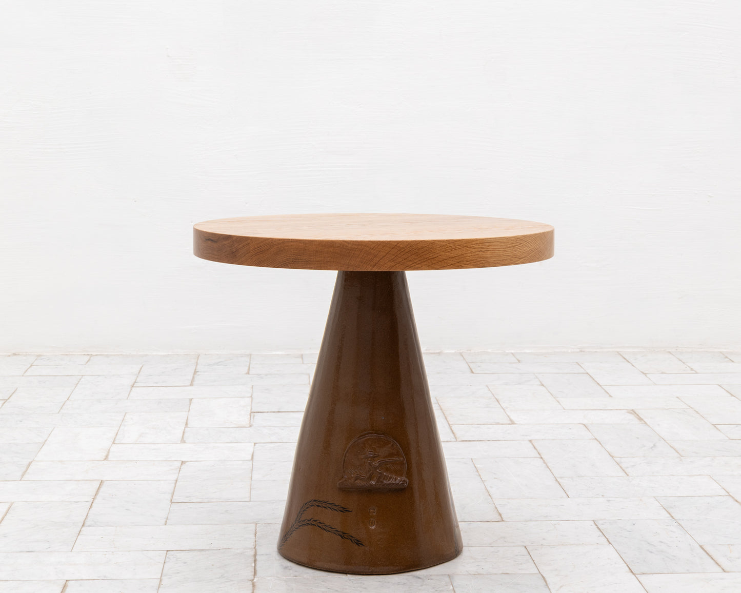 LOTCH SIDE TABLE - 23" DIAMETER NATURAL OAK TOP, HAND-PAINTED CERAMIC BASE