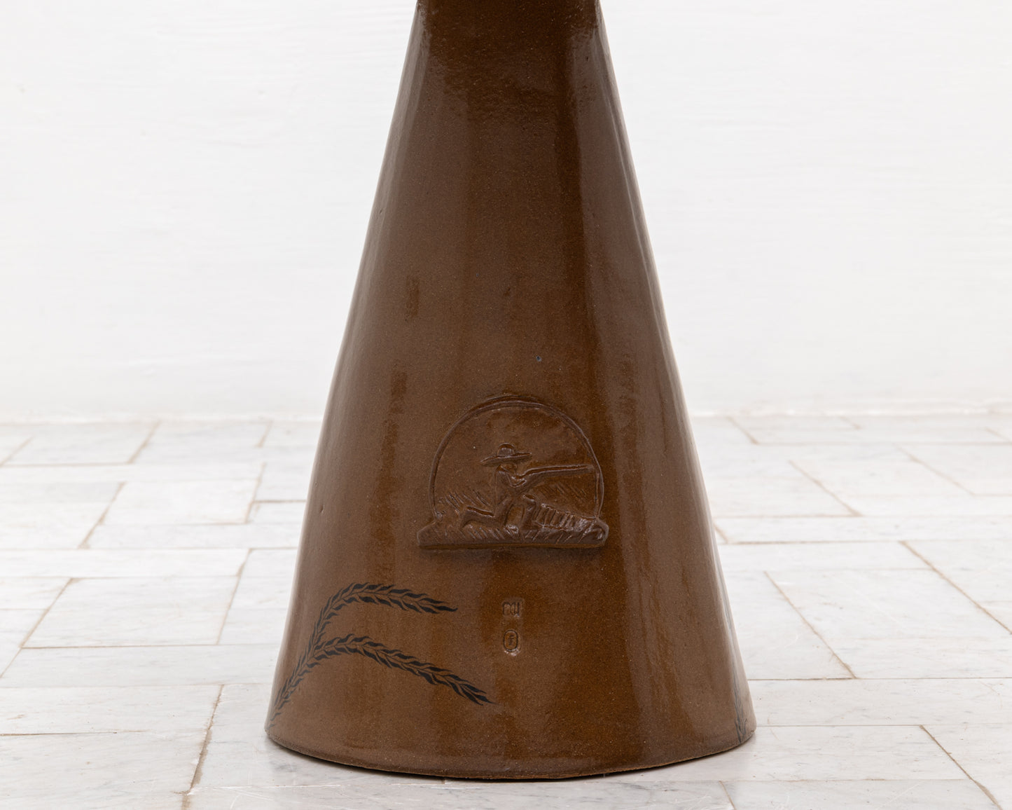 LOTCH SIDE TABLE - 23" DIAMETER NATURAL OAK TOP, HAND-PAINTED CERAMIC BASE