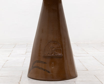 LOTCH SIDE TABLE - 23" DIAMETER NATURAL OAK TOP, HAND-PAINTED CERAMIC BASE