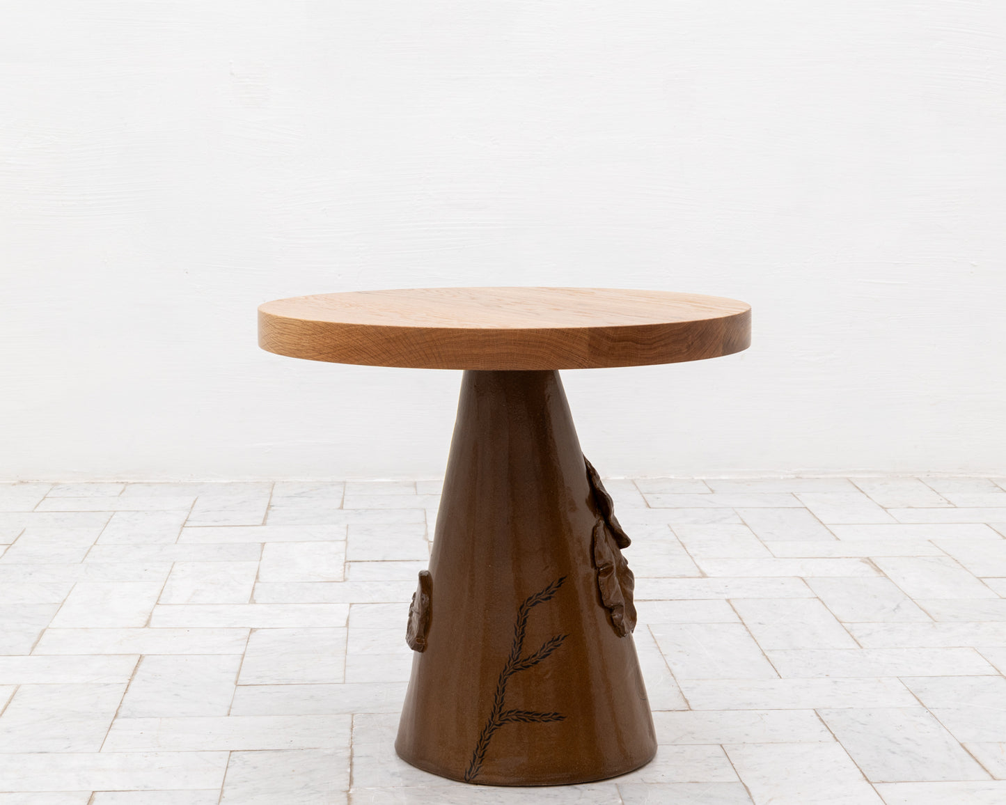 LOTCH SIDE TABLE - 23" DIAMETER NATURAL OAK TOP, HAND-PAINTED CERAMIC BASE