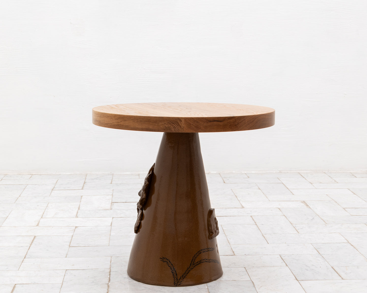 LOTCH SIDE TABLE - 23" DIAMETER NATURAL OAK TOP, HAND-PAINTED CERAMIC BASE
