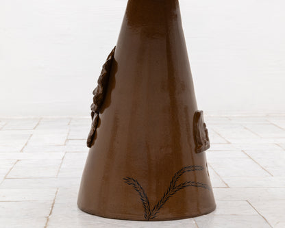 LOTCH SIDE TABLE - 23" DIAMETER NATURAL OAK TOP, HAND-PAINTED CERAMIC BASE