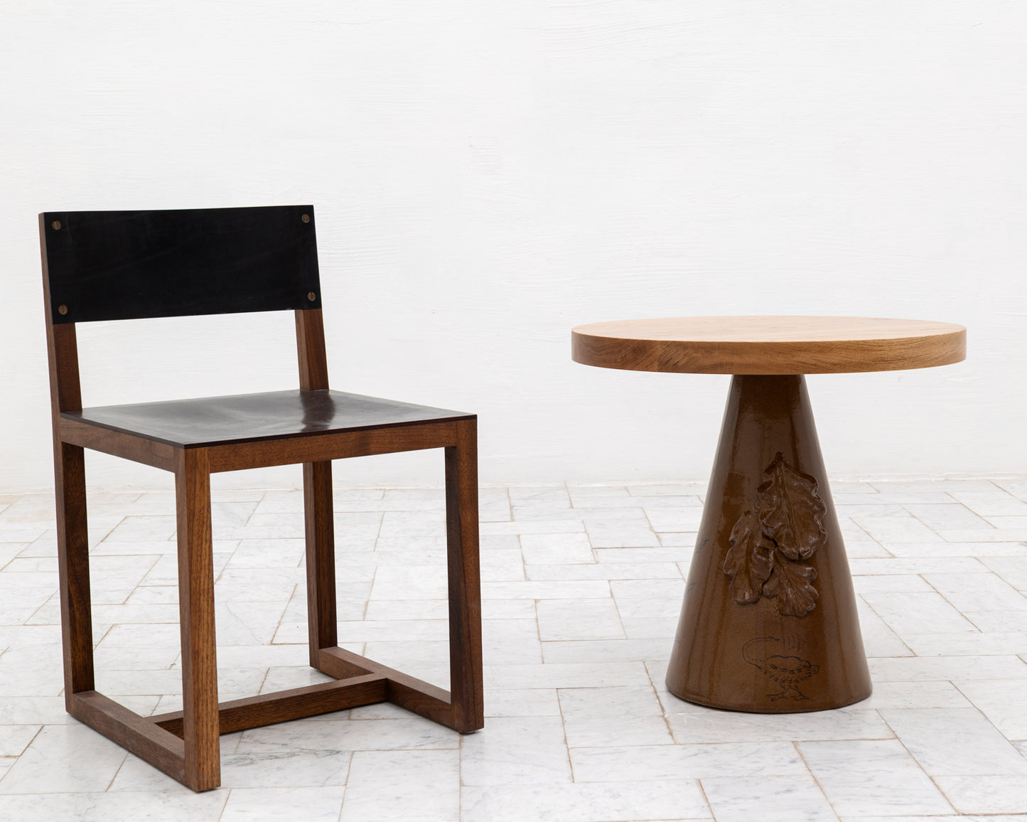 LOTCH SIDE TABLE - 23" DIAMETER NATURAL OAK TOP, HAND-PAINTED CERAMIC BASE