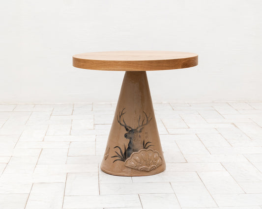 LOTCH SIDE TABLE - 23" DIAMETER NATURAL OAK TOP, HAND-PAINTED CERAMIC BASE