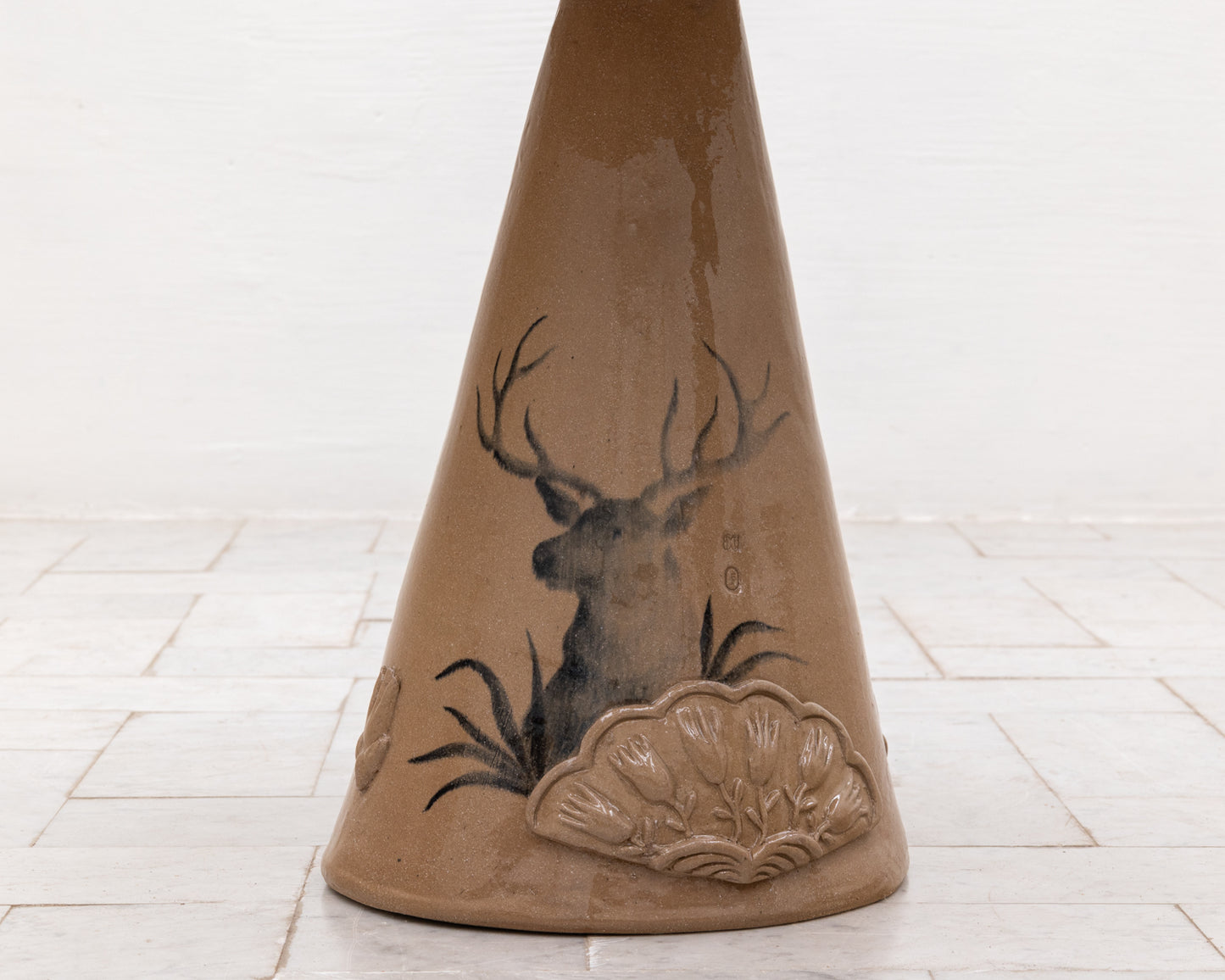LOTCH SIDE TABLE - 23" DIAMETER NATURAL OAK TOP, HAND-PAINTED CERAMIC BASE