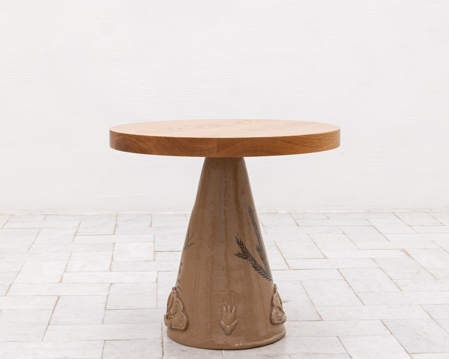 LOTCH SIDE TABLE - 23" DIAMETER NATURAL OAK TOP, HAND-PAINTED CERAMIC BASE