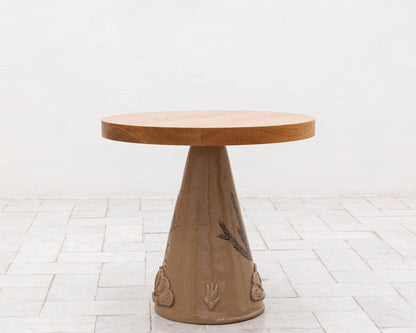 LOTCH SIDE TABLE - 23" DIAMETER NATURAL OAK TOP, HAND-PAINTED CERAMIC BASE