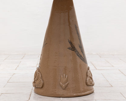 LOTCH SIDE TABLE - 23" DIAMETER NATURAL OAK TOP, HAND-PAINTED CERAMIC BASE