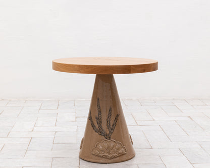 LOTCH SIDE TABLE - 23" DIAMETER NATURAL OAK TOP, HAND-PAINTED CERAMIC BASE