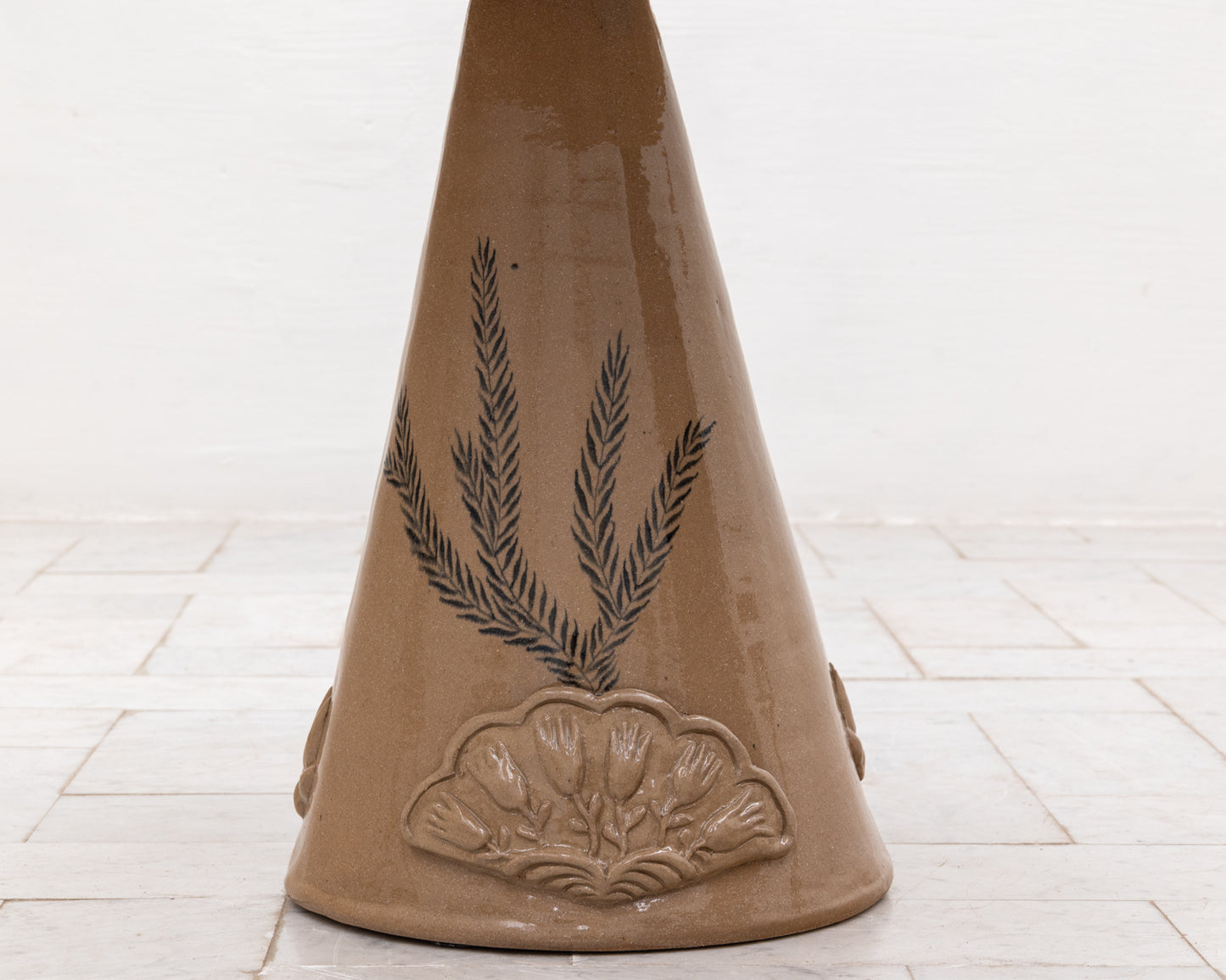 LOTCH SIDE TABLE - 23" DIAMETER NATURAL OAK TOP, HAND-PAINTED CERAMIC BASE