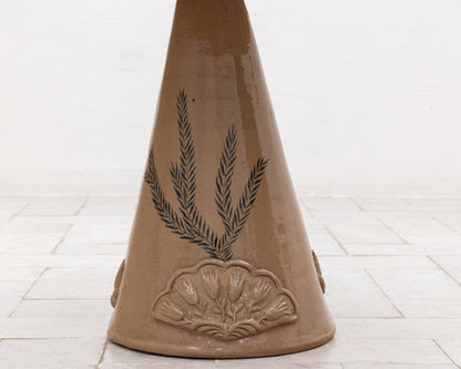 LOTCH SIDE TABLE - 23" DIAMETER NATURAL OAK TOP, HAND-PAINTED CERAMIC BASE