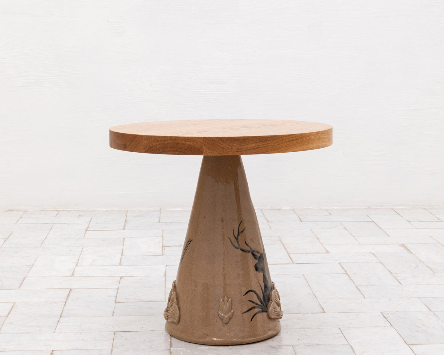 LOTCH SIDE TABLE - 23" DIAMETER NATURAL OAK TOP, HAND-PAINTED CERAMIC BASE
