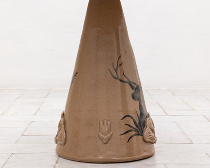 LOTCH SIDE TABLE - 23" DIAMETER NATURAL OAK TOP, HAND-PAINTED CERAMIC BASE