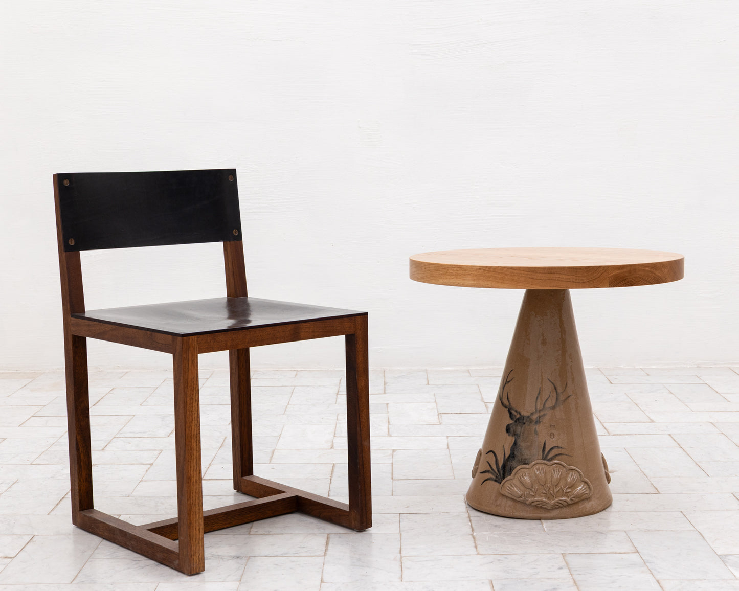 LOTCH SIDE TABLE - 23" DIAMETER NATURAL OAK TOP, HAND-PAINTED CERAMIC BASE
