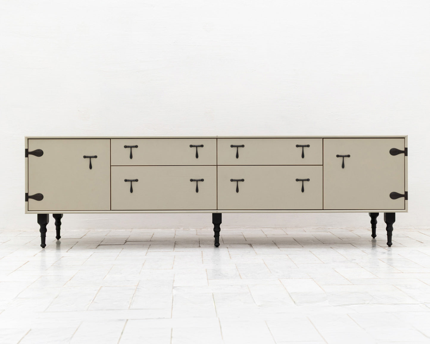 CAPTAIN'S MID CREDENZA - 85" L, PARCHMENT LEATHER, BLACKENED BRONZE HARDWARE