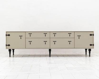 CAPTAIN'S MID CREDENZA - 85" L, PARCHMENT LEATHER, BLACKENED BRONZE HARDWARE