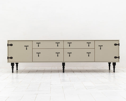 CAPTAIN'S MID CREDENZA - 85" L, PARCHMENT LEATHER, BLACKENED BRONZE HARDWARE