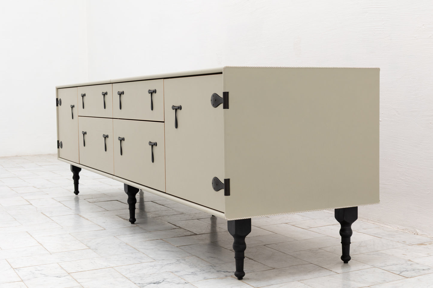CAPTAIN'S MID CREDENZA - 85" L, PARCHMENT LEATHER, BLACKENED BRONZE HARDWARE