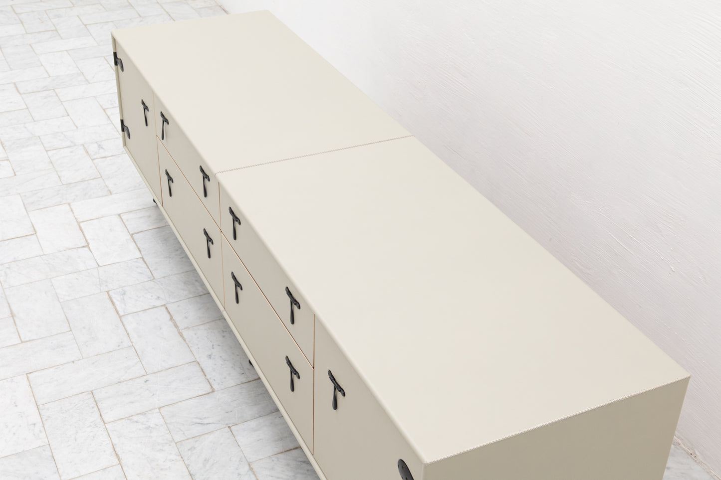 CAPTAIN'S MID CREDENZA - 85" L, PARCHMENT LEATHER, BLACKENED BRONZE HARDWARE