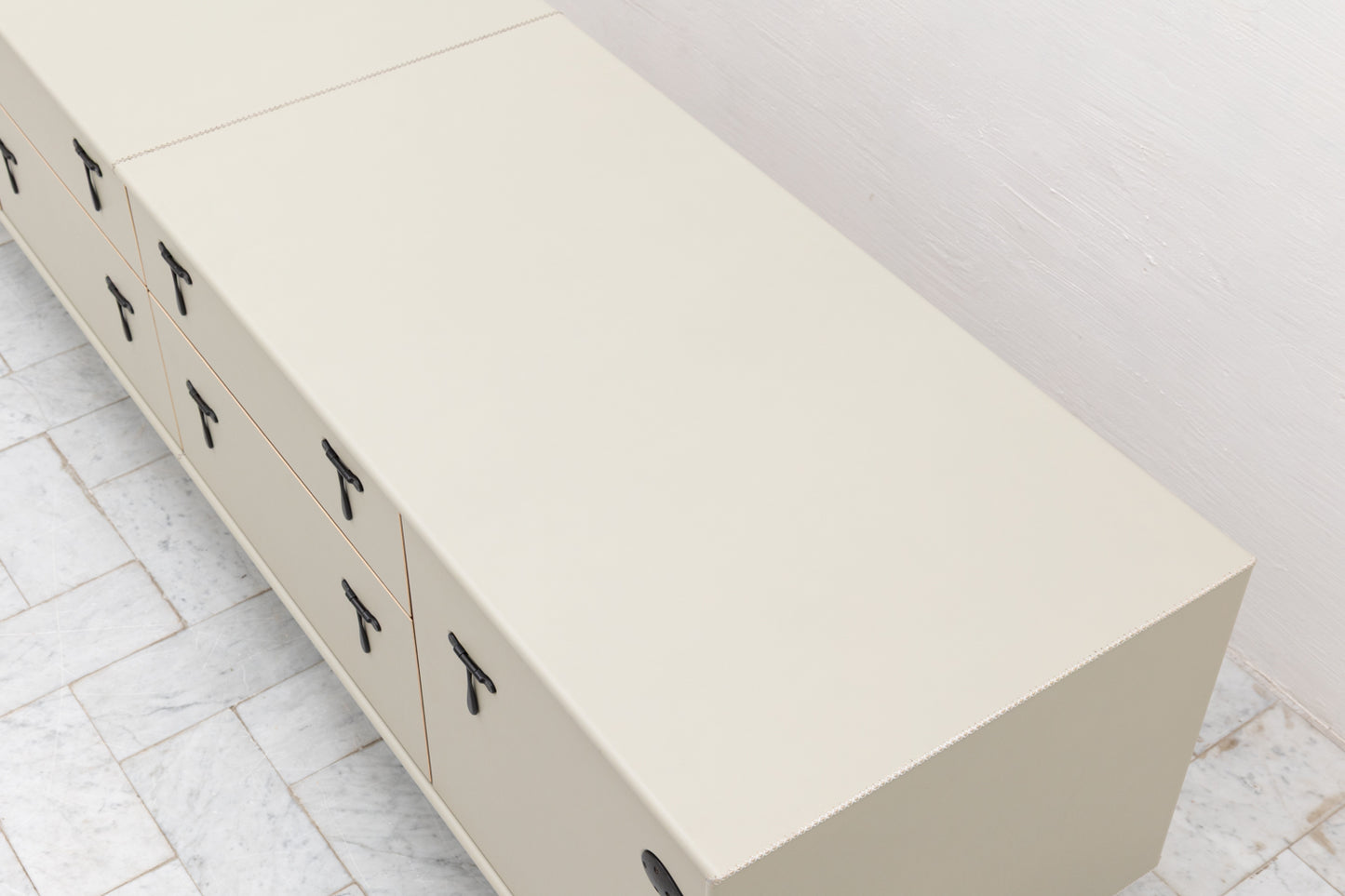 CAPTAIN'S MID CREDENZA - 85" L, PARCHMENT LEATHER, BLACKENED BRONZE HARDWARE