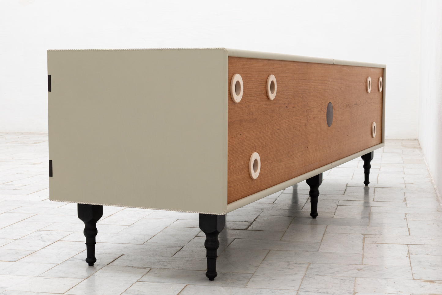 CAPTAIN'S MID CREDENZA - 85" L, PARCHMENT LEATHER, BLACKENED BRONZE HARDWARE