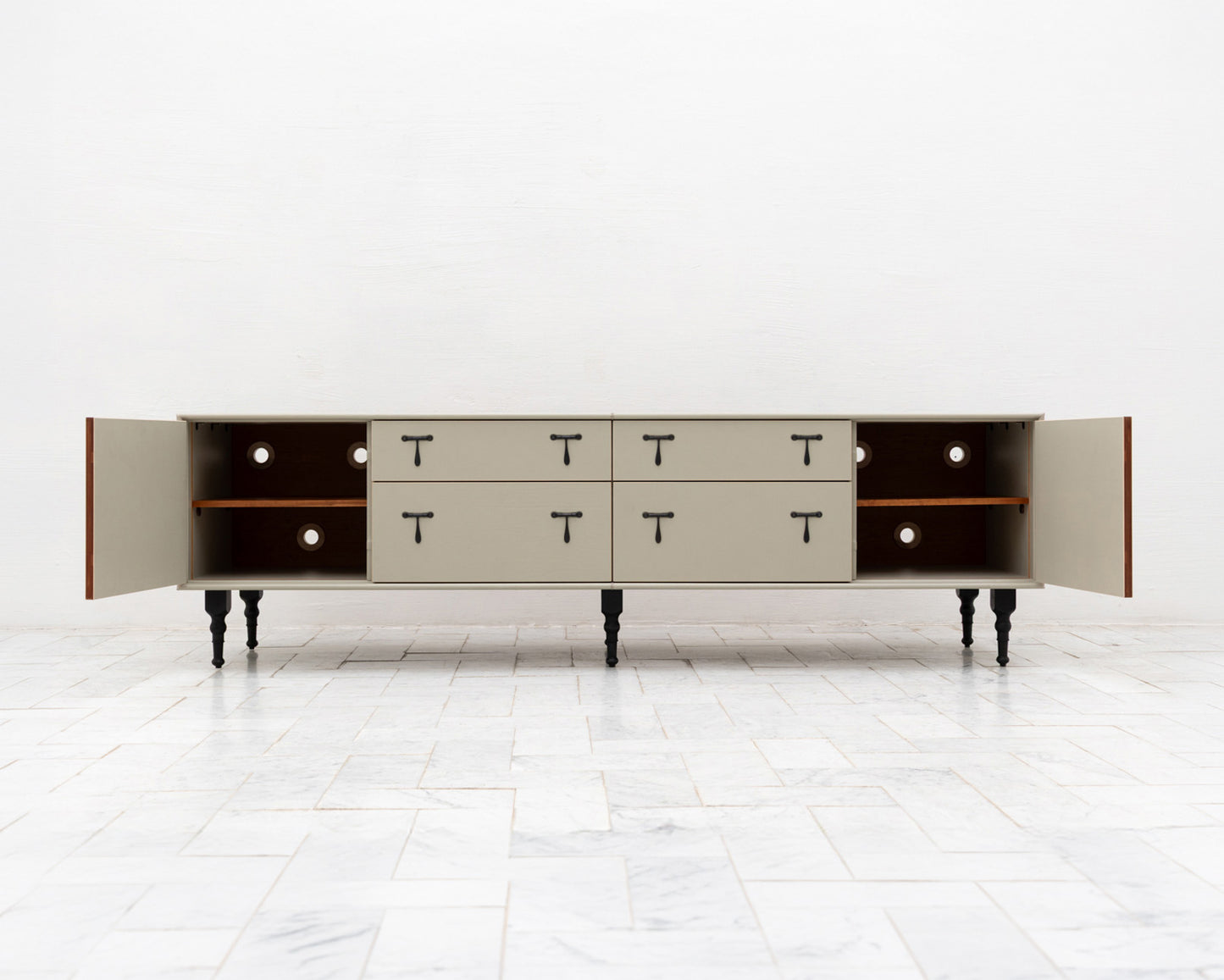 CAPTAIN'S MID CREDENZA - 85" L, PARCHMENT LEATHER, BLACKENED BRONZE HARDWARE