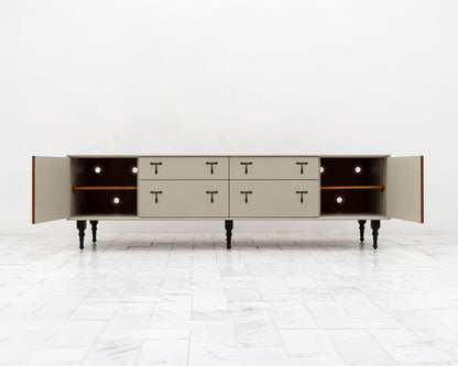 CAPTAIN'S MID CREDENZA - 85" L, PARCHMENT LEATHER, BLACKENED BRONZE HARDWARE