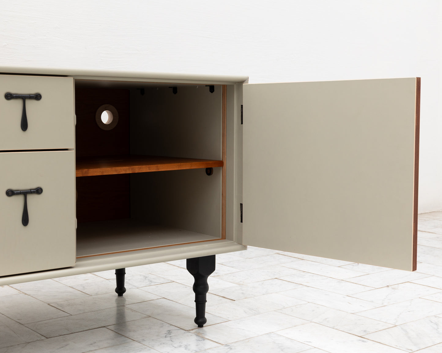 CAPTAIN'S MID CREDENZA - 85" L, PARCHMENT LEATHER, BLACKENED BRONZE HARDWARE
