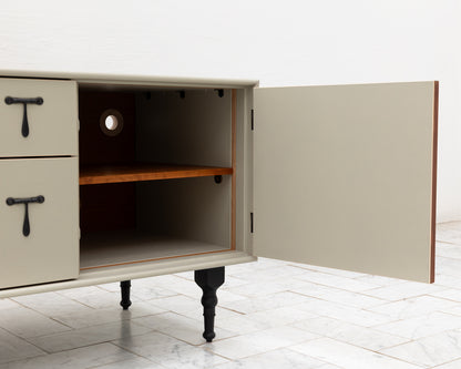 CAPTAIN'S MID CREDENZA - 85" L, PARCHMENT LEATHER, BLACKENED BRONZE HARDWARE
