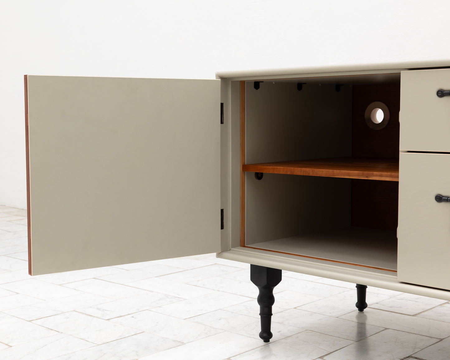 CAPTAIN'S MID CREDENZA - 85" L, PARCHMENT LEATHER, BLACKENED BRONZE HARDWARE