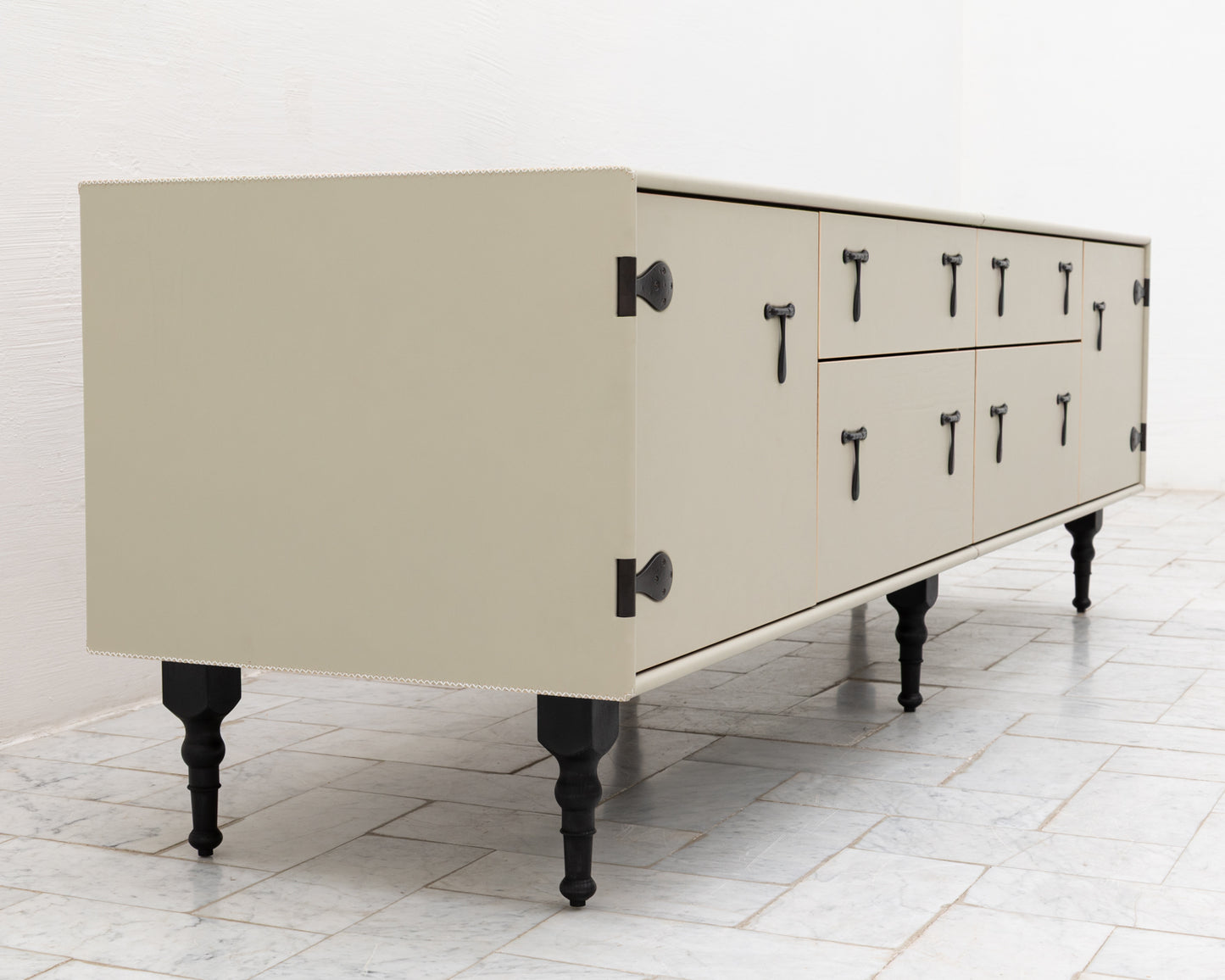 CAPTAIN'S MID CREDENZA - 85" L, PARCHMENT LEATHER, BLACKENED BRONZE HARDWARE