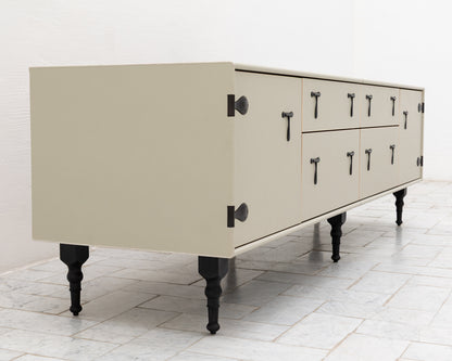CAPTAIN'S MID CREDENZA - 85" L, PARCHMENT LEATHER, BLACKENED BRONZE HARDWARE