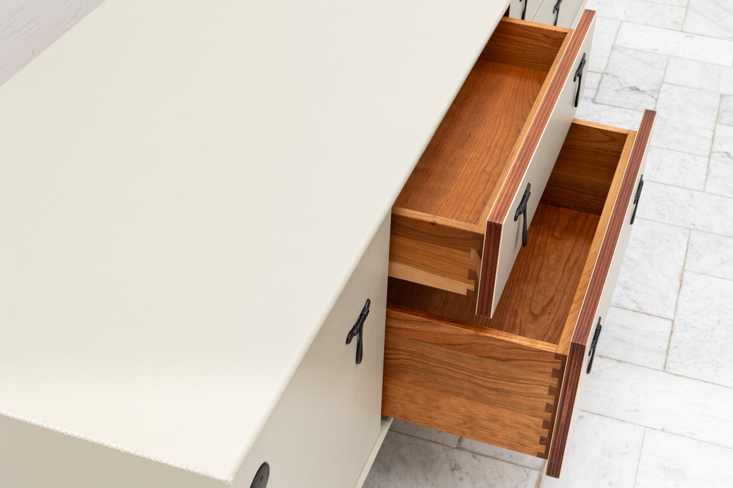 CAPTAIN'S MID CREDENZA - 85" L, PARCHMENT LEATHER, BLACKENED BRONZE HARDWARE