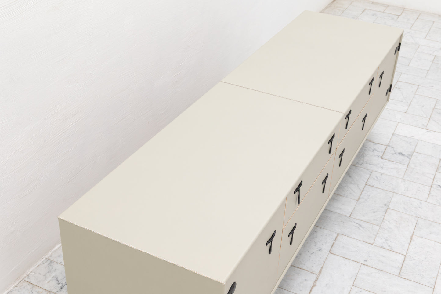 CAPTAIN'S MID CREDENZA - 85" L, PARCHMENT LEATHER, BLACKENED BRONZE HARDWARE