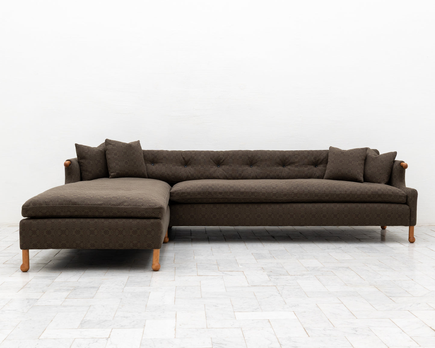 MABEL SOFA WITH CHAISE LOUNGE - 10' X 7', BDDW FABRIC #417, CHERRY ARMS AND FEET