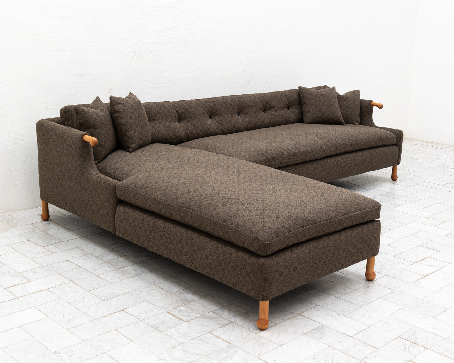 MABEL SOFA WITH CHAISE LOUNGE - 10' X 7', BDDW FABRIC #417, CHERRY ARMS AND FEET