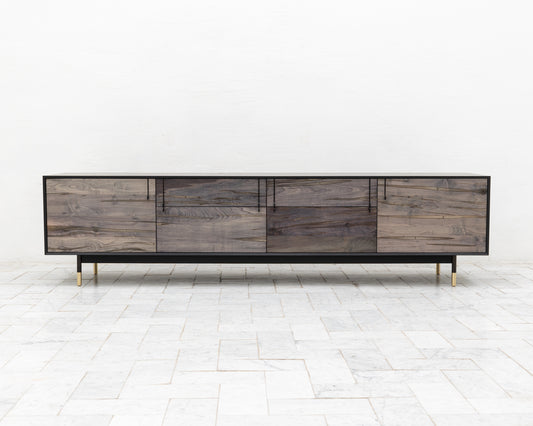 LAKE MID CREDENZA - 95" L, GRAPHITE LACQUER EXTERIOR, OXIDIZED MAPLE FACES