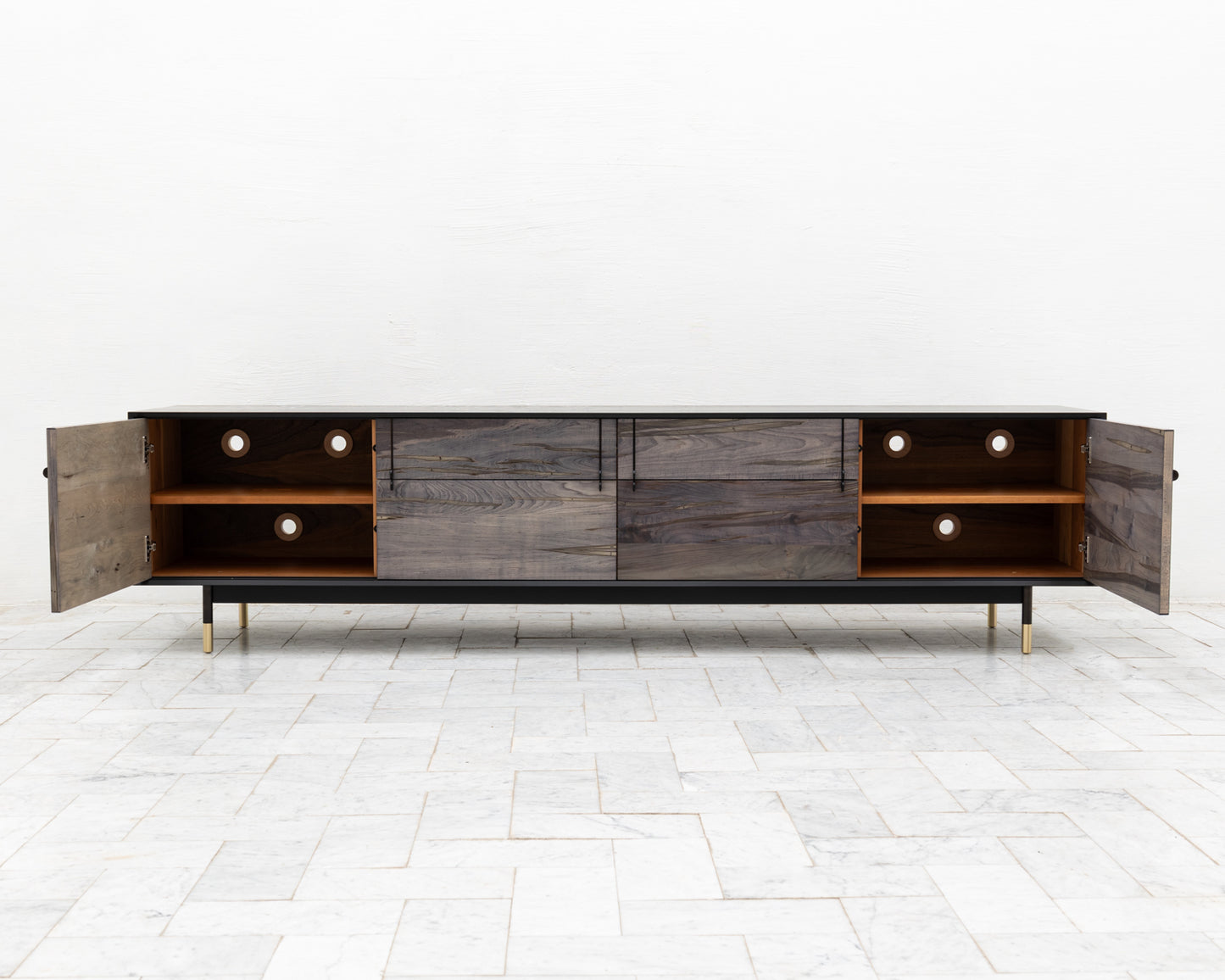 LAKE MID CREDENZA - 95" L, GRAPHITE LACQUER EXTERIOR, OXIDIZED MAPLE FACES