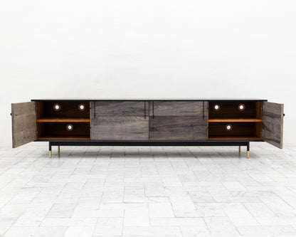 LAKE MID CREDENZA - 95" L, GRAPHITE LACQUER EXTERIOR, OXIDIZED MAPLE FACES