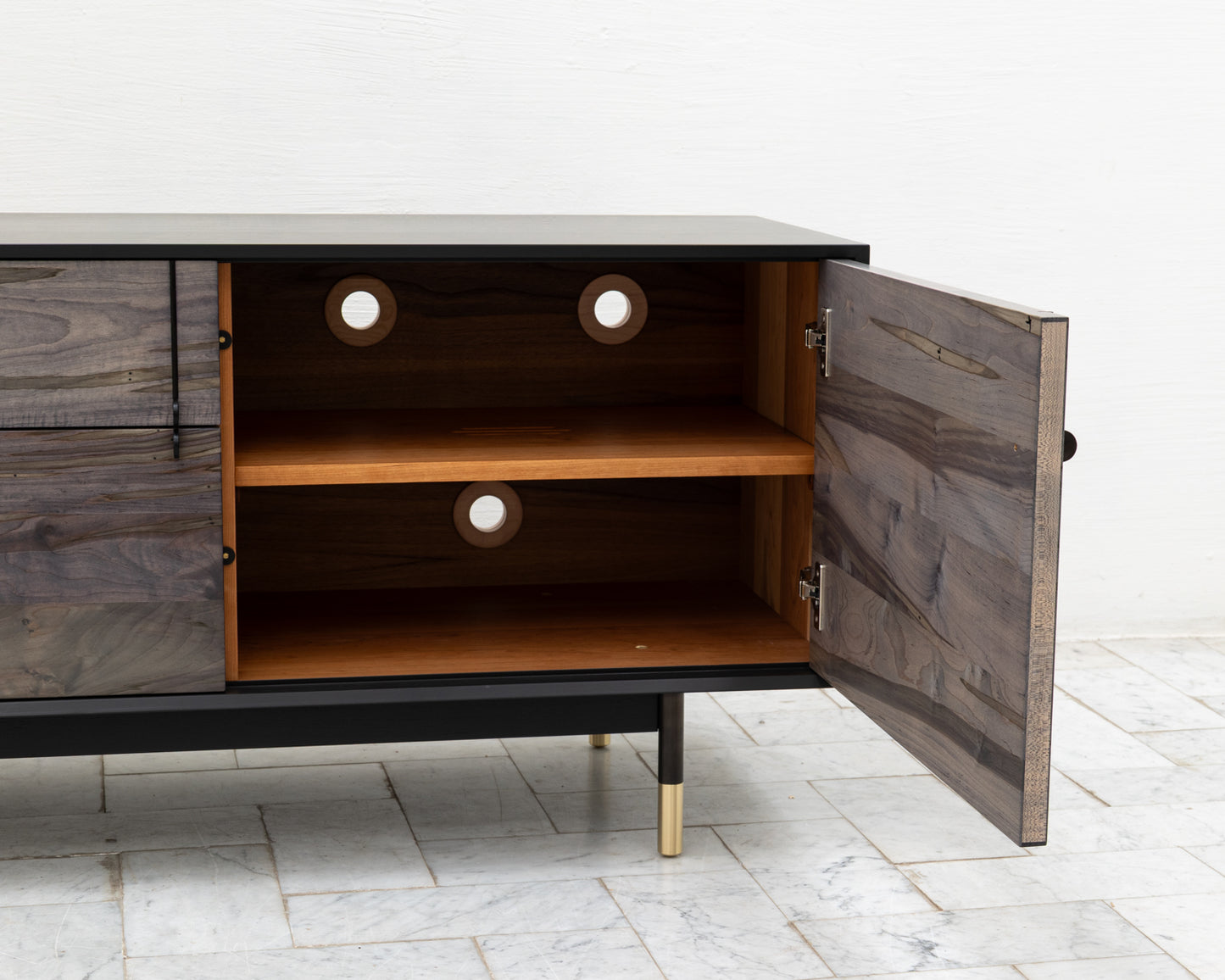 LAKE MID CREDENZA - 95" L, GRAPHITE LACQUER EXTERIOR, OXIDIZED MAPLE FACES