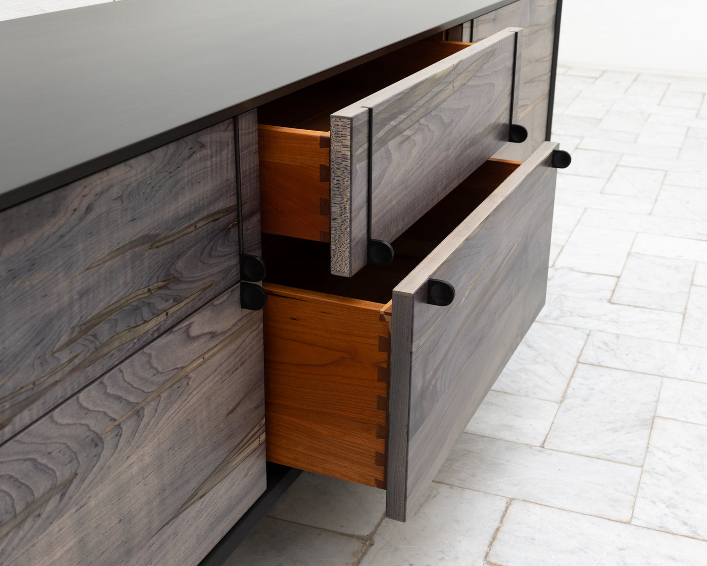 LAKE MID CREDENZA - 95" L, GRAPHITE LACQUER EXTERIOR, OXIDIZED MAPLE FACES