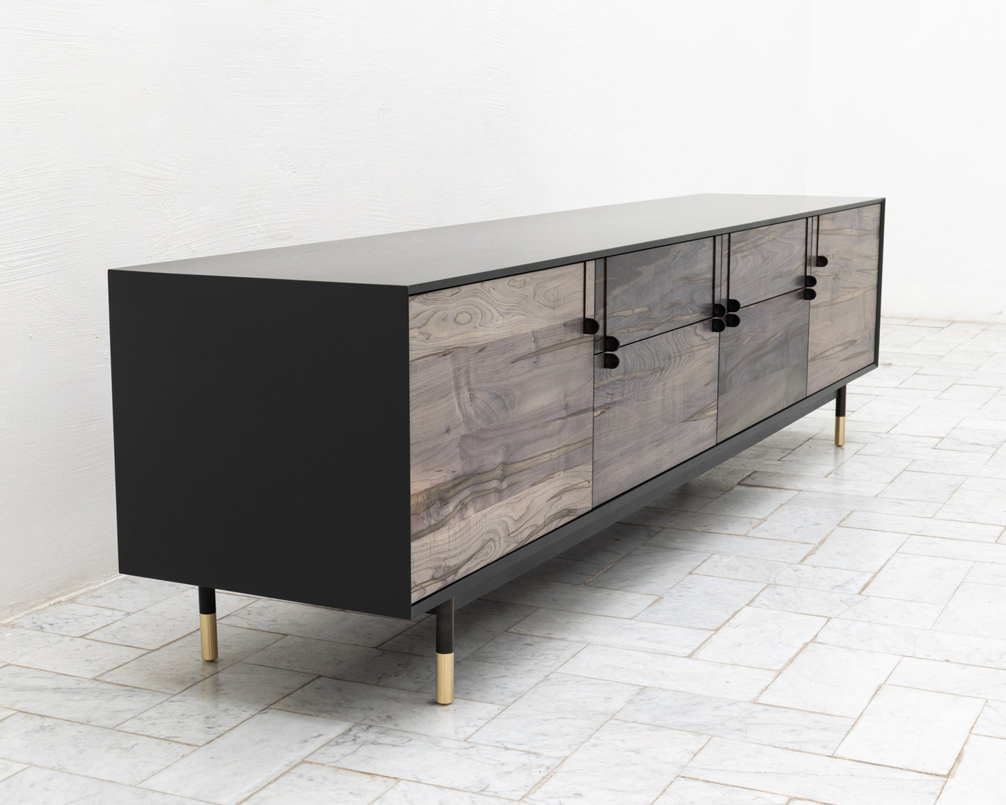 LAKE MID CREDENZA - 95" L, GRAPHITE LACQUER EXTERIOR, OXIDIZED MAPLE FACES