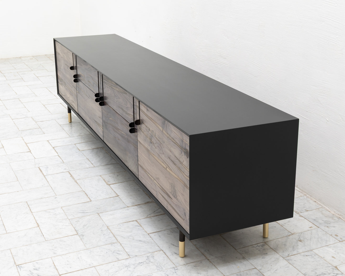 LAKE MID CREDENZA - 95" L, GRAPHITE LACQUER EXTERIOR, OXIDIZED MAPLE FACES