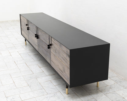 LAKE MID CREDENZA - 95" L, GRAPHITE LACQUER EXTERIOR, OXIDIZED MAPLE FACES