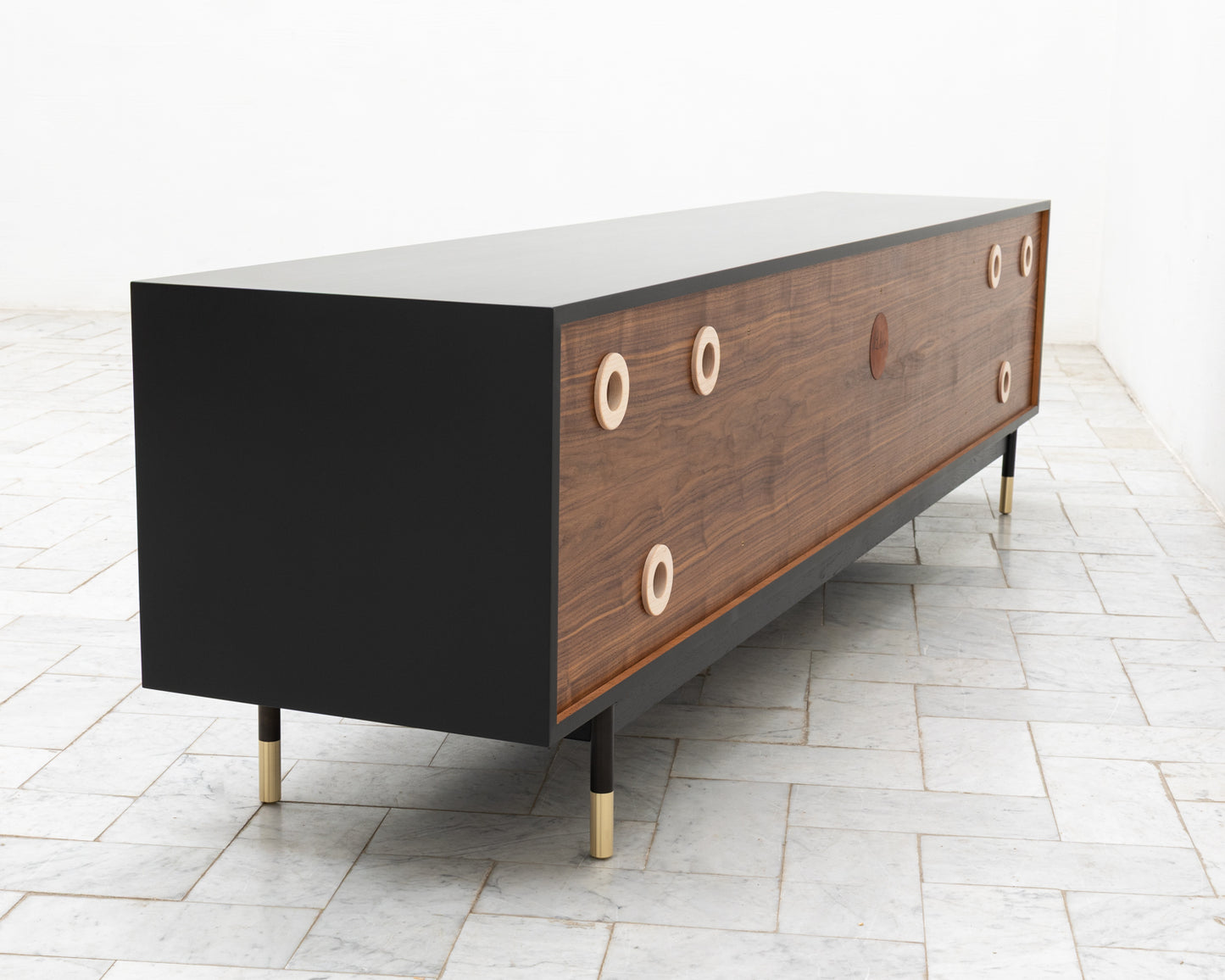 LAKE MID CREDENZA - 95" L, GRAPHITE LACQUER EXTERIOR, OXIDIZED MAPLE FACES